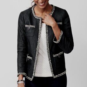 Talbots Cotton blend jacket 14W White fringe trim No collar Pockets Lined